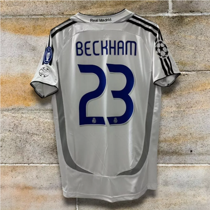 with UCL Patch Retro Jersey 2006-2007 Real Madrid BECKHAM 23 Home Soccer Jersey Vintage Football Shirt