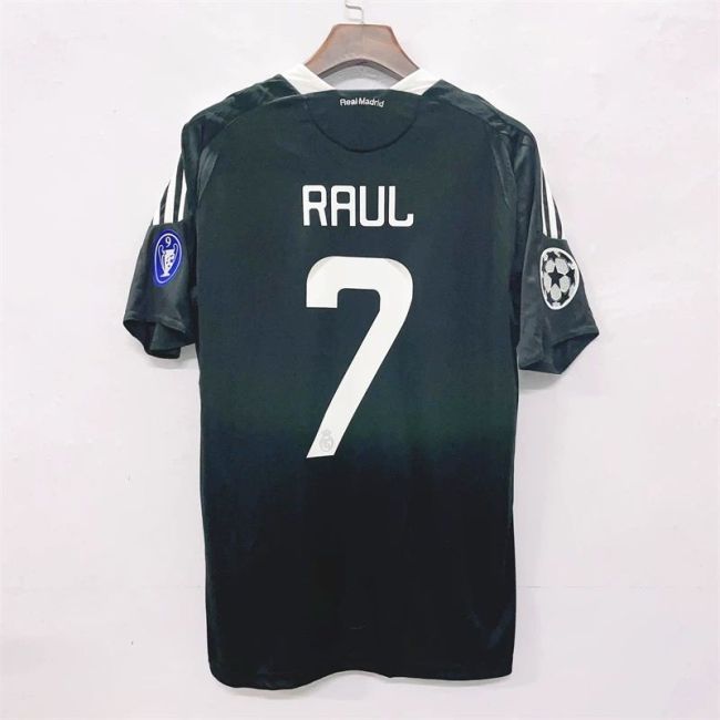 with UCL Patch Retro Jersey 2008-2009 Real Madrid RAUL 7 Away Black Soccer Jersey Real Vintage Football Shirt