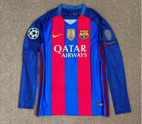 with Golden FIFA+UCL Patch Long Sleeve Retro Jersey 2016-2017 Barcelona NEYMAR JR 11 Home Soccer Jersey Vintage Football Shirt