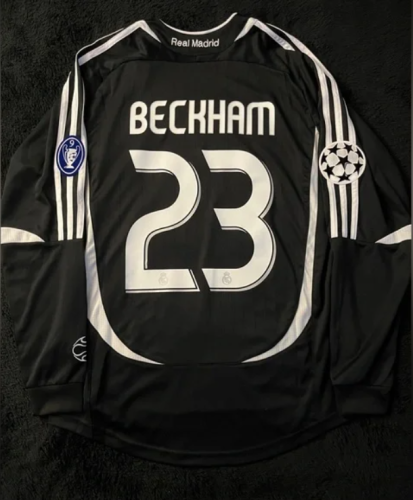 with UCL Patch Long Sleeve Retro Jersey 2006-2007 Real Madrid BECKHAM 23 Away Black Soccer Jersey Vintage Real Football Shirt