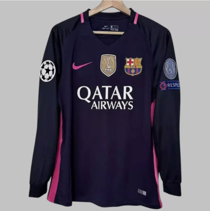 with Golden FIFA+UCL Patch Long Sleeve Retro Camisetas de Futbol 2016-2017 Barcelona NEYMAR JR 11 Away Purple Soccer Jersey