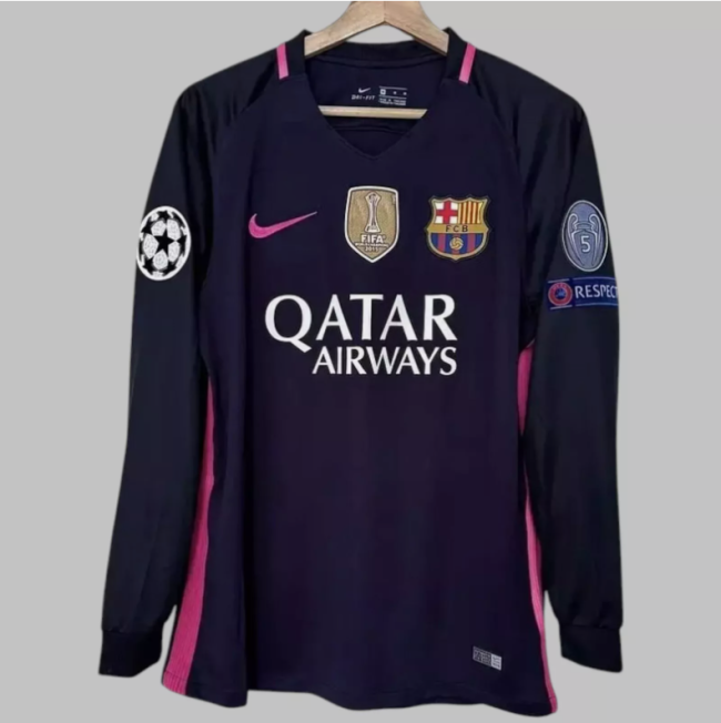 with Golden FIFA+UCL Patch Long Sleeve Retro Camisetas de Futbol 2016-2017 Barcelona Away Purple Soccer Jersey