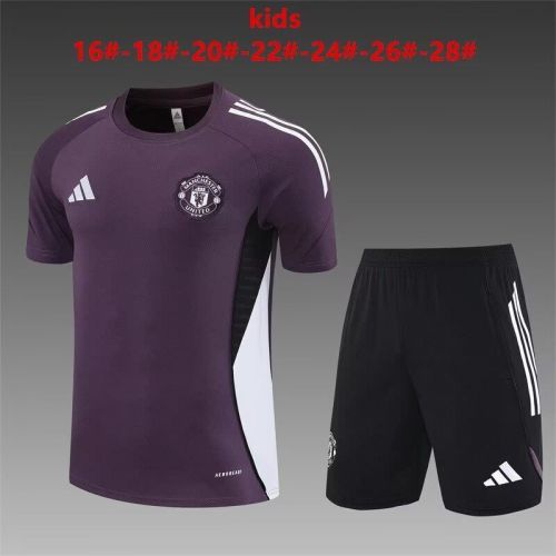 Youth Uniform Kids Kit 2025-2026 Manchester United Purple Soccer Training Jersey Shorts Child Football Set