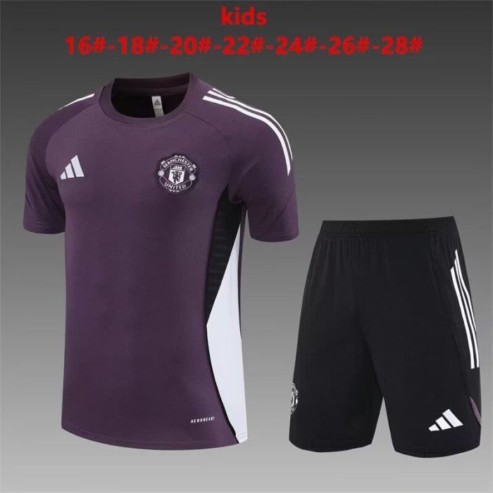 Youth Uniform Kids Kit 2025-2026 Manchester United Purple Soccer Training Jersey Shorts Child Football Set