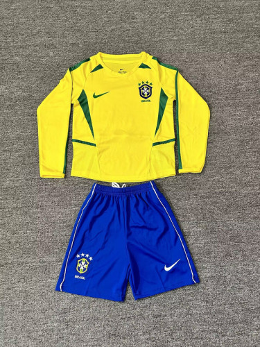 Long Sleeve Retro Youth Uniform Kids Kit 2004 Brazil Home Soccer Jersey Shorts Brasil Child Football Set