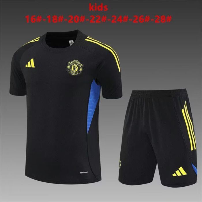 Youth Uniform Kids Kit 2025-2026 Manchester United Black Soccer Training Jersey Shorts Child Football Set