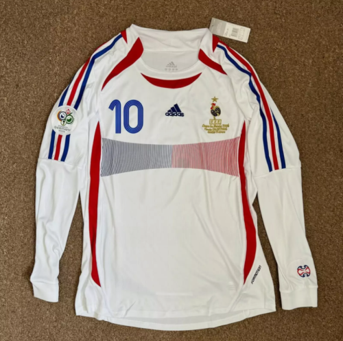 with Front Lettering+Patch Long Sleeve Retro Jersey 2006 France ZIDANE 10 Away White Soccer Jersey Vintage Football Shirt