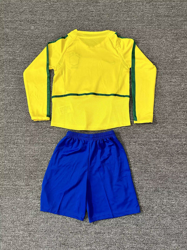 Long Sleeve Retro Youth Uniform Kids Kit 2004 Brazil Home Soccer Jersey Shorts Brasil Child Football Set