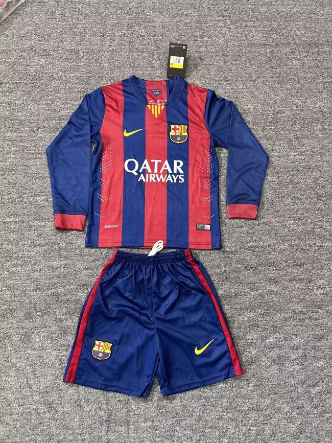 Long Sleeve Retro Youth Uniform Kids Kit 2014-2015 Barcelona Home Soccer Jersey Shorts Vintage Child Football Set