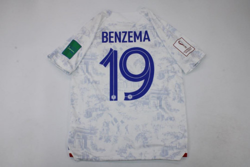 with World Cup Patch Retro Jersey 2022 World Cup France BENZEMA 19 Away White Soccer Jersey
