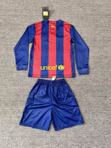 Long Sleeve Retro Youth Uniform Kids Kit 2014-2015 Barcelona Home Soccer Jersey Shorts Vintage Child Football Set
