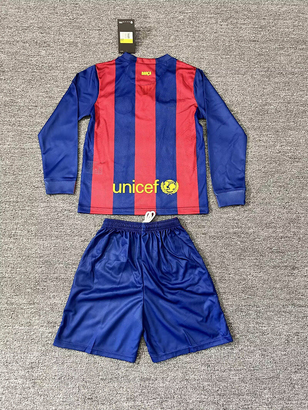 Long Sleeve Retro Youth Uniform Kids Kit 2014-2015 Barcelona Home Soccer Jersey Shorts Vintage Child Football Set