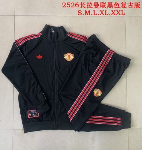 Retro Model 2025-2026 Manchester United Black Soccer Windbreaker Jacket and Pants Football Tracksuit
