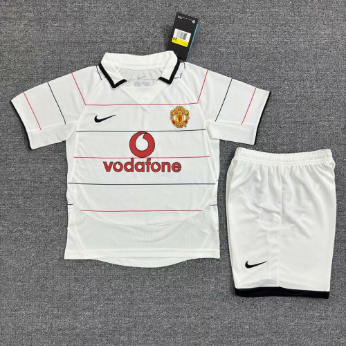 Retro Youth Uniform Kids Kit 2003-2005 Manchester United Away White Soccer Jersey Shorts Vintage Child Football Set