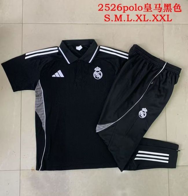 Adult Uniform 2025-2026 Real Madrid Black Soccer Polo and Pants Football Set