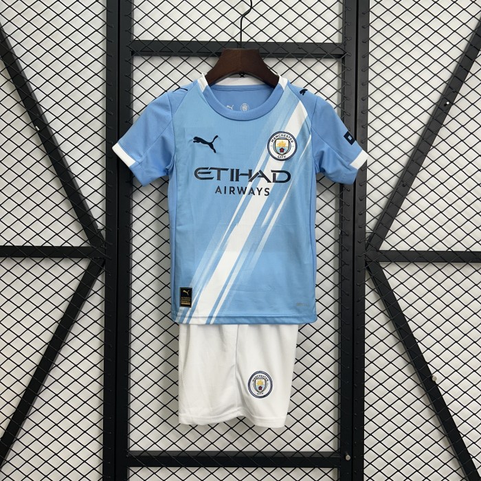 Youth Uniform Kids Kit 2025-2026 Manchester City Home Soccer Jersey Shorts Child Football Set