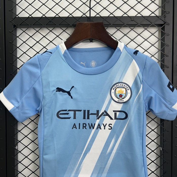 Youth Uniform Kids Kit 2025-2026 Manchester City Home Soccer Jersey Shorts Child Football Set
