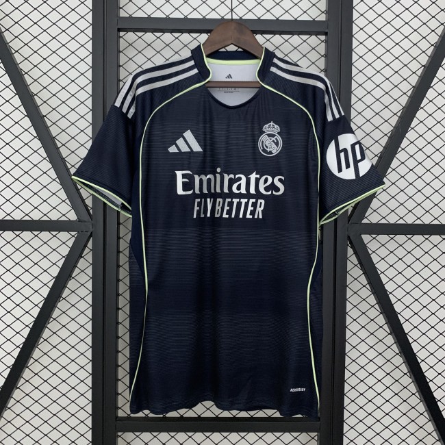 with HP Fan Version 2025-2026 Real Madrid Away Black Soccer Jersey Real Football Shirt