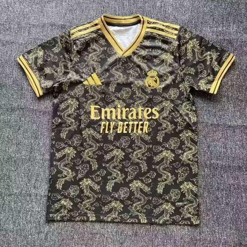 Fan Version 2025-2026 Real Madrid Black/Gold Dragon Soccer Jersey Real Football Shirt