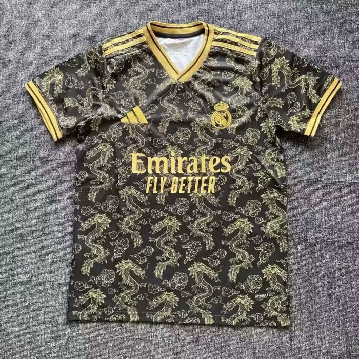 Fan Version 2025-2026 Real Madrid Black/Gold Dragon Soccer Jersey Real Football Shirt