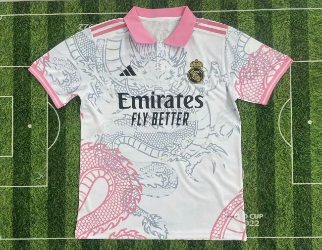 Fan Version 2025-2026 Real Madrid White/Pink Dragon Soccer Jersey Real Football Shirt