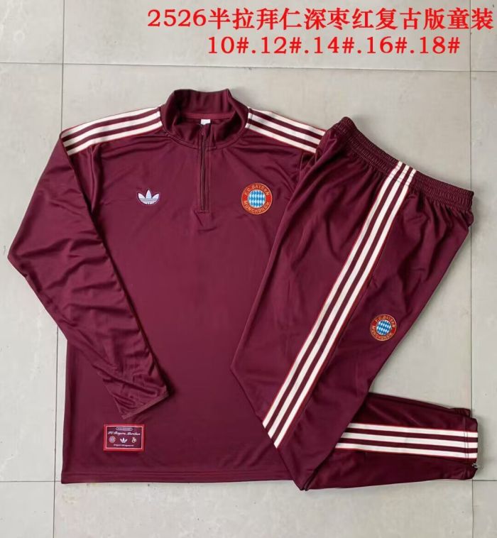 Youth 2025-2026 Bayern Munich Dark Red Soccer Training Sweater and Pants Child Football Kit