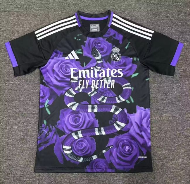 Fan Version 2025-2026 Real Madrid Black/Purple Rose Snake Soccer Jersey Real Football Shirt