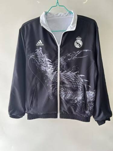 Retro Model 2014-2015 Real Madrid Black/White Trench Coat Soccer Reversible Windbreaker Jacket