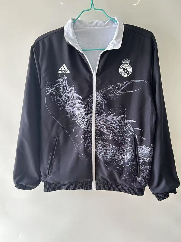Retro Model 2014-2015 Real Madrid Black/White Trench Coat Soccer Reversible Windbreaker Jacket