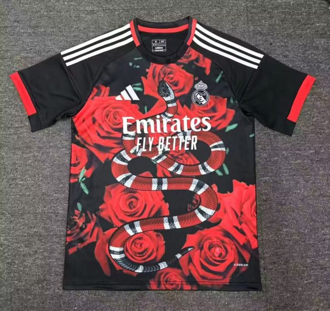 Fan Version 2025-2026 Real Madrid Black/Red Rose Snake Soccer Jersey Real Football Shirt