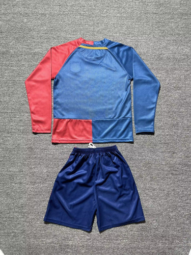 with Front Lettering Long Sleeve Retro Youth Uniform Kids Kit 2008-2009 Barcelona UCL Final Home Soccer Jersey Shorts Vintage Child Football Set