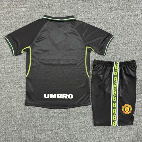 Retro Youth Uniform Kids Kit 1998-1999 Manchester United Third Away Black Soccer Jersey Shorts Vintage Child Football Set