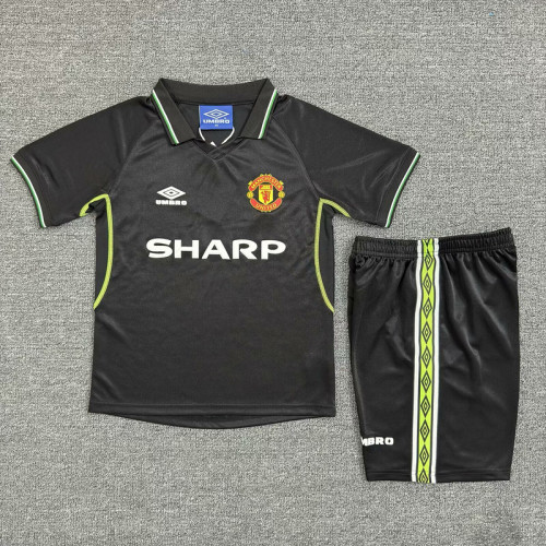 Retro Youth Uniform Kids Kit 1998-1999 Manchester United Third Away Black Soccer Jersey Shorts Vintage Child Football Set