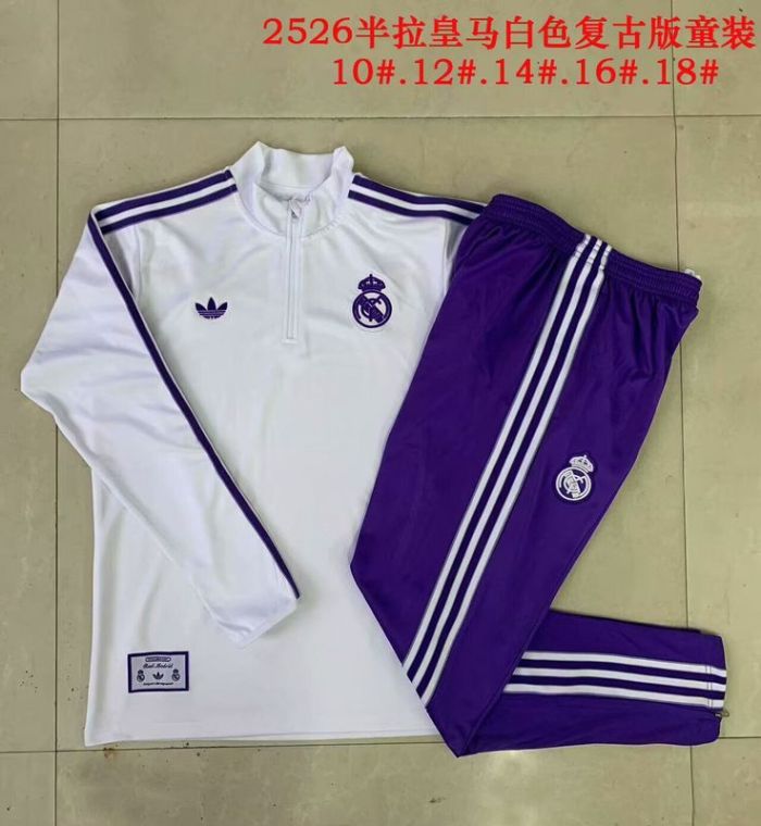 Retro Model Youth 2025-2026 Rea Madrid White/Purple Soccer Training Sweater and Pants Child Football Kit