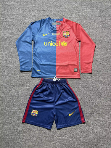 with Front Lettering Long Sleeve Retro Youth Uniform Kids Kit 2008-2009 Barcelona UCL Final Home Soccer Jersey Shorts Vintage Child Football Set