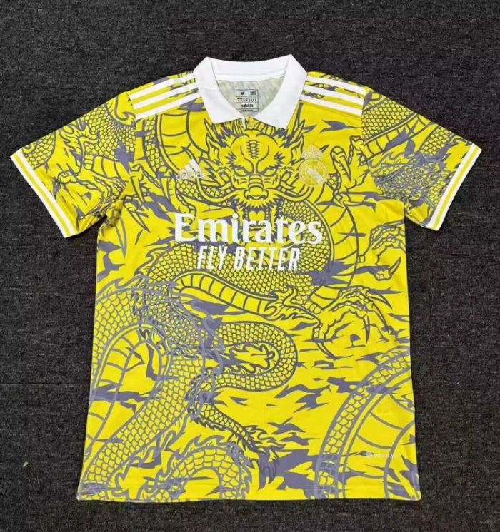 Fan Version 2025-2026 Real Madrid Yellow/Grey Dragon Soccer Jersey Real Football Shirt