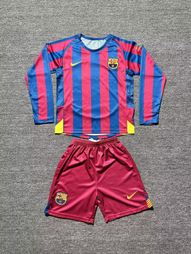 with Sleeve Lettering Long Sleeve Retro Youth Uniform Kids Kit 2005-2006 Barcelona UCL Final Home Soccer Jersey Shorts Vintage Child Football Set