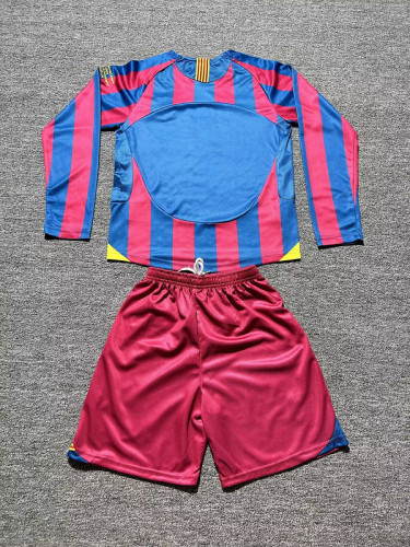 with Sleeve Lettering Long Sleeve Retro Youth Uniform Kids Kit 2005-2006 Barcelona UCL Final Home Soccer Jersey Shorts Vintage Child Football Set