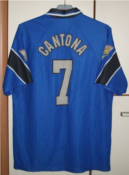 with Golden EPL Patch Retro Jersey 1996-1997 Manchester United CANTONA 7 Third Away Blue Soccer Jersey Vintage Football Shirt