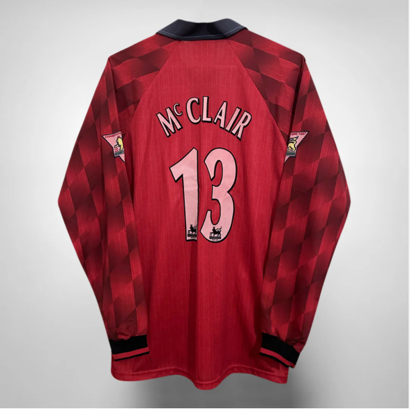 with Golden EPL Patch Long Sleeve Retro Jersey 1996-1997 Manchester United McCLAIR 13 Home Soccer Jersey Vintage Football Shirt