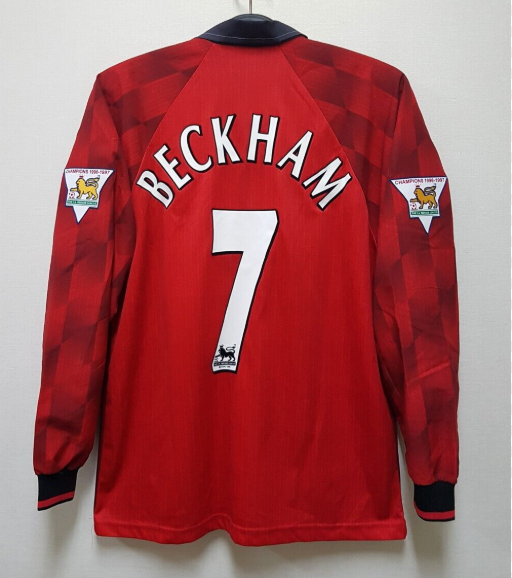 with Golden EPL Patch Retro Jersey Long Sleeve 1996-1997 Manchester United BECKHAM 7 Home Soccer Jersey