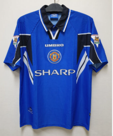 with Golden EPL Patch Retro Jersey 1996-1997 Manchester United Third Away Blue Soccer Jersey