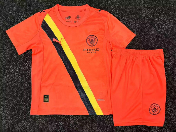 Youth Uniform Kids Kit 2025-2026 Manchester City Orange Goalkeeper Soccer Jersey Shorts Child Football Set