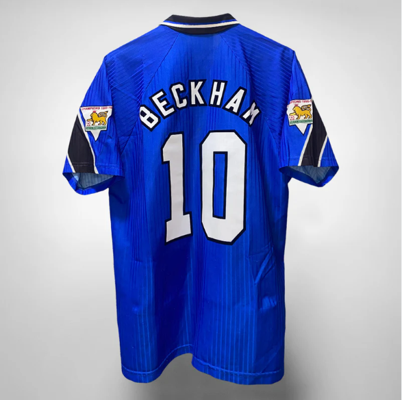 with Golden EPL Patch Retro Jersey 1996-1997 Manchester United BECKHAM 10 Third Away Blue Soccer Jersey
