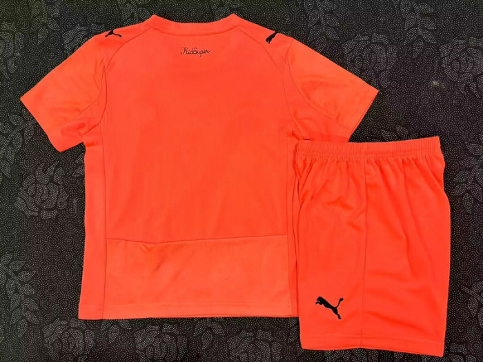 Youth Uniform Kids Kit 2025-2026 Manchester City Orange Goalkeeper Soccer Jersey Shorts Child Football Set