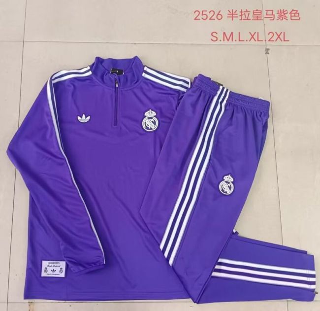 Youth 2025-2026 Real Madrid Purple Soccer Training Sweater and Pants Child Football Kit
