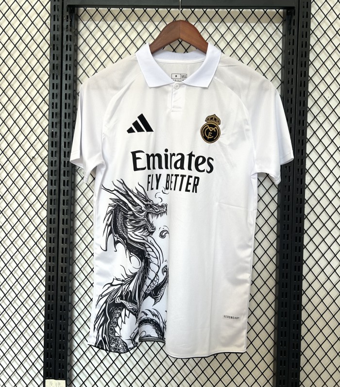 Fan Version 2025-2026 Real Madrid White/Black Dragon Soccer Jersey Real Football Shirt
