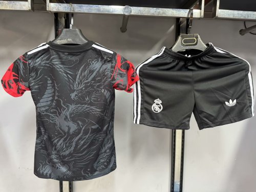 Youth Uniform Kids Kit 2025-2026 Real Madrid Black/Red Dragon Soccer Jersey Shorts Child Football Set