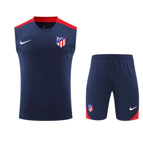 Adult Uniform 2025-2026 Atletico Madrid Dark Blue/Red Soccer Training Vest and Shorts Football Set
