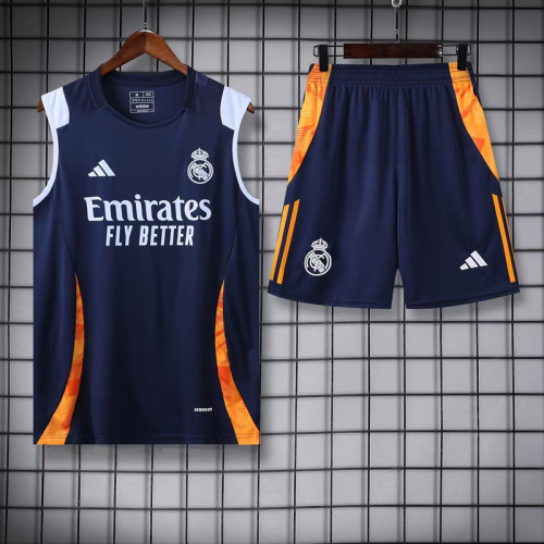Adult Uniform 2025-2026 Real Madrid Dark Blue/Yellow Leopard Soccer Training Vest and Shorts Football Set